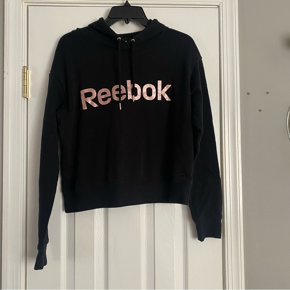 Reebok Black Hoodie Sweatshirt Gold Foil Logo Small Womens Fleece Pullover